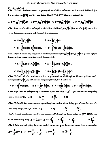 Bài tập trắc nghiệm Toán Khối 12 - Ứng dụng của tích phân