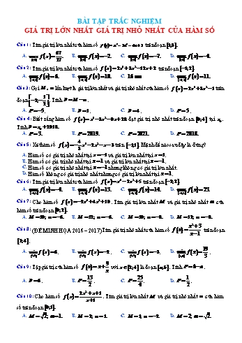 Bài tập trắc nghiệm Toán Lớp 12 - Giá trị lớn nhất, giá trị nhỏ nhất của hàm số (Có đáp án)