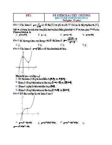 Đề kiểm tra 1 tiết Giải tích Lớp 12 - Chương 1 - Đề 1 (Có đáp án)