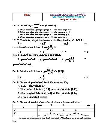 Đề kiểm tra 1 tiết Giải tích Lớp 12 - Chương 1 - Đề 11 (Có đáp án)