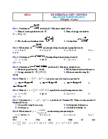 Đề kiểm tra 1 tiết Giải tích Lớp 12 - Chương 1 - Đề 12 (Có đáp án)