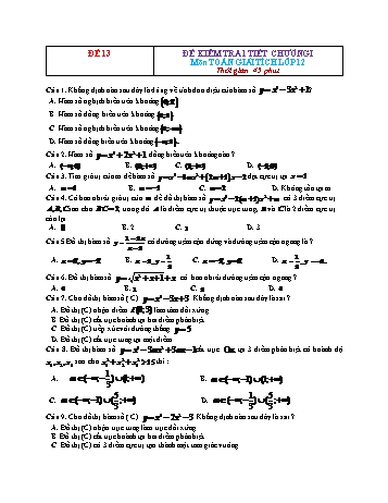 Đề kiểm tra 1 tiết Giải tích Lớp 12 - Chương 1 - Đề 13 (Có đáp án)