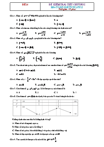 Đề kiểm tra 1 tiết Giải tích Lớp 12 - Chương 1 - Đề 14 (Có đáp án)