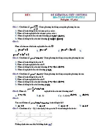 Đề kiểm tra 1 tiết Giải tích Lớp 12 - Chương 1 - Đề 5 (Có đáp án)
