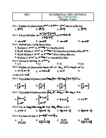 Đề kiểm tra 1 tiết Giải tích Lớp 12 - Chương 2 - Đề 2 (Có đáp án)