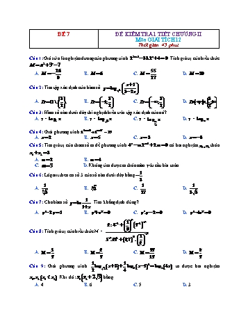 Đề kiểm tra 1 tiết Giải tích Lớp 12 - Chương 2 - Đề 7 (Có đáp án)