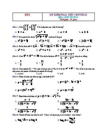 Đề kiểm tra 1 tiết Giải tích Lớp 12 - Chương 2 - Đề 8 (Có đáp án)
