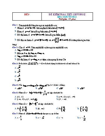 Đề kiểm tra 1 tiết Giải tích Lớp 12 - Chương 2 - Đề 9 (Có đáp án)