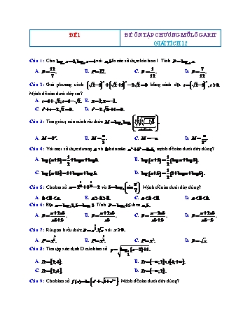 Đề ôn tập Giải tích Lớp 12 - Mũ Lôgarit - Đề 1 (Có đáp án)