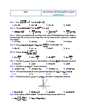 Đề ôn tập Giải tích Lớp 12 - Mũ Lôgarit - Đề 5 (Có đáp án)