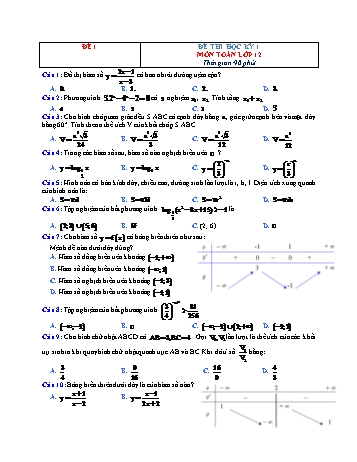 Đề thi học kì 1 Toán Lớp 12 - Đề 1 (Có đáp án)