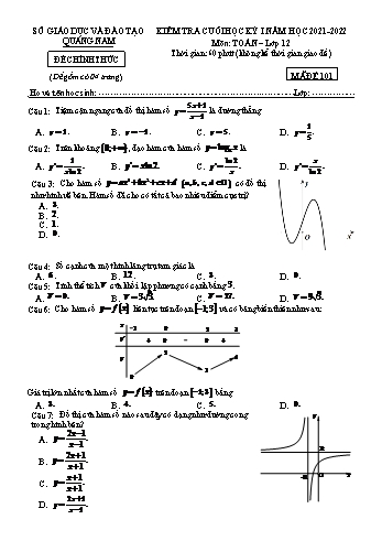 Kiểm tra cuối học kì 1 Toán Lớp 12 - Năm học 2021-2022 - Sở GD&ĐT Hà Nam (Có đáp án)