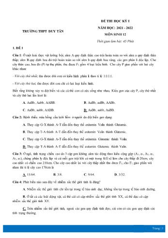 4 Đề thi học kì 1 Sinh học Lớp 12 - Năm học 2021-2022 - Trường THPT Duy Tân (Có đáp án)