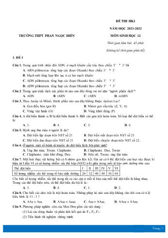 4 Đề thi học kì 1 Sinh học Lớp 12 - Năm học 2021-2022 - Trường THPT Phan Ngọc Hiển (Có đáp án)