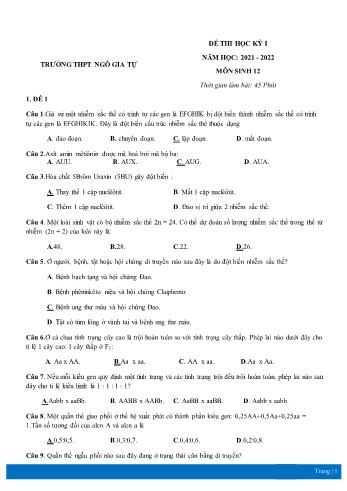 4 Đề thi học kì 1 Sinh học Lớp 12 - Năm học 2021-2022 - Trường THPT Ngô Gia Tự (Có đáp án)