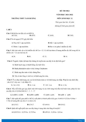 4 Đề thi học kì 1 Sinh học Lớp 12 - Năm học 2021-2022 - Trường THPT Tam Dương (Có đáp án)
