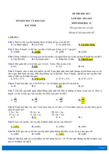 5 Đề thi học kì 1 Sinh học Lớp 12 - Năm học 2021-2022 - Sở GD&ĐT Bắc Ninh (Có đáp án)