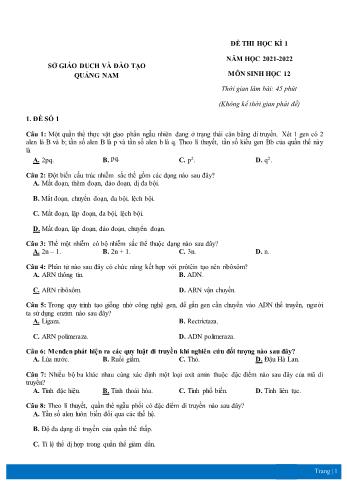5 Đề thi học kì 1 Sinh học Lớp 12 - Năm học 2021-2022 - Sở GD&ĐT Quảng Nam (Có đáp án)