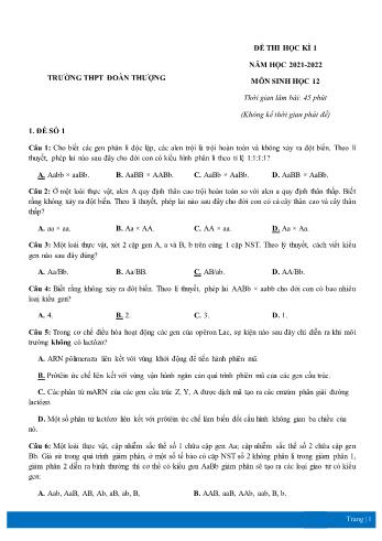 5 Đề thi học kì 1 Sinh học Lớp 12 - Năm học 2021-2022 - Trường THPT Đoàn Thượng (Có đáp án)