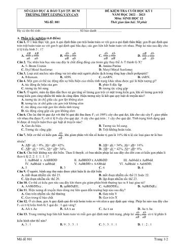 Đề kiểm tra cuối học kì 1 Sinh học Lớp 12 - Mã đề 801 - Năm học 2022-2023 - Trường THPT Lương Văn Can (Có đáp án)