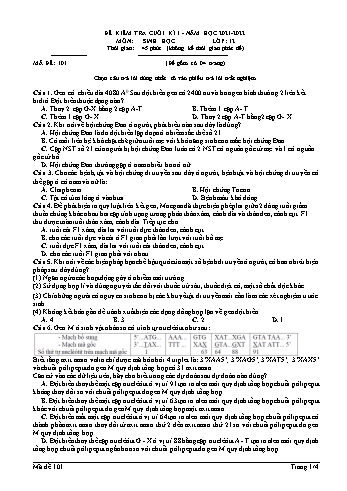 Đề kiểm tra cuối kì 1 Sinh học Lớp 12 - Mã đề 101 - Năm học 2021-2022