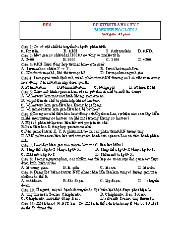 Đề kiểm tra học kì 1 Sinh học Lớp 12 - Đề 6 (Có đáp án)