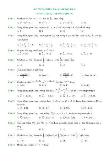 Đề ôn tập kiểm tra cuối học kì 2 Toán Lớp 12 - Đề số 15 (Có hướng dẫn giải chi tiết)