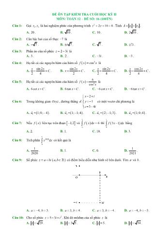 Đề ôn tập kiểm tra cuối học kì 2 Toán Lớp 12 - Đề số 16 (Có hướng dẫn giải chi tiết)