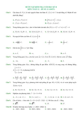 Đề ôn tập kiểm tra cuối học kì 2 Toán Lớp 12 - Đề số 21 (Có hướng dẫn giải chi tiết)