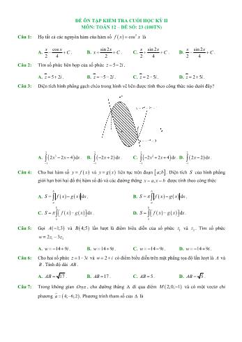 Đề ôn tập kiểm tra cuối học kì 2 Toán Lớp 12 - Đề số 23 (Có hướng dẫn giải chi tiết)