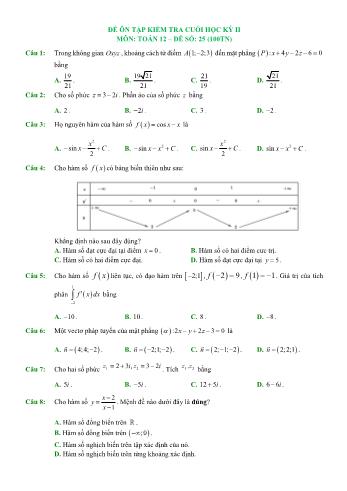 Đề ôn tập kiểm tra cuối học kì 2 Toán Lớp 12 - Đề số 25 (Có hướng dẫn giải chi tiết)
