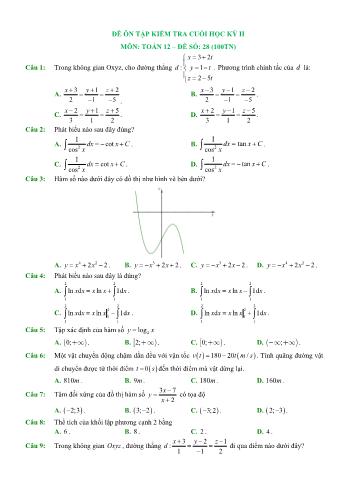 Đề ôn tập kiểm tra cuối học kì 2 Toán Lớp 12 - Đề số 28 (Có hướng dẫn giải chi tiết)