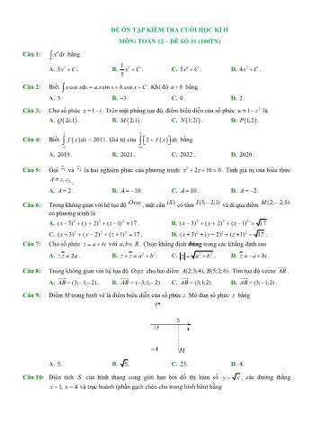 Đề ôn tập kiểm tra cuối học kì 2 Toán Lớp 12 - Đề số 31 (Có hướng dẫn giải chi tiết)