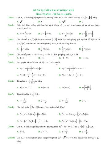 Đề ôn tập kiểm tra cuối học kì 2 Toán Lớp 12 - Đề số 33 (Có hướng dẫn giải chi tiết)