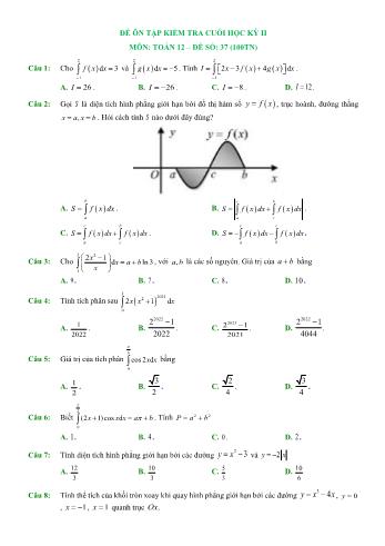Đề ôn tập kiểm tra cuối học kì 2 Toán Lớp 12 - Đề số 37 (Có hướng dẫn giải chi tiết)