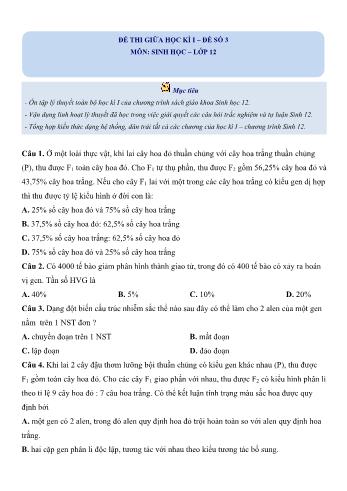 Đề thi giữa học kì 1 Sinh học Lớp 12 - Đề số 3 (Có hướng dẫn giải chi tiết)