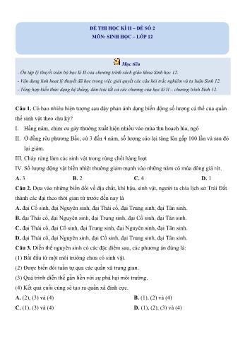 Đề thi học kì 2 Sinh học Lớp 12 - Đề số 2 (Có hướng dẫn giải chi tiết)