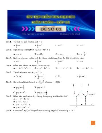 15 Đề ôn tập kiểm tra học kì 1 Toán Lớp 12 (Có lời giải)