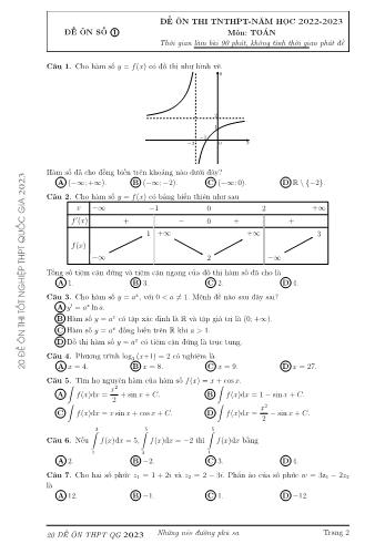 20 Đề ôn thi Tốt nghiệp THPT môn Toán - Năm học 2022-2023 (Có đáp án)