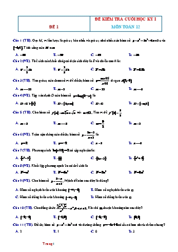 5 Đề kiểm tra cuối học kì 1 Toán Lớp 12 (Có đáp án)