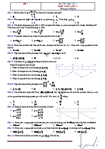 5 Đề thi học kì 1 môn Toán Lớp 12 (Có đáp án)