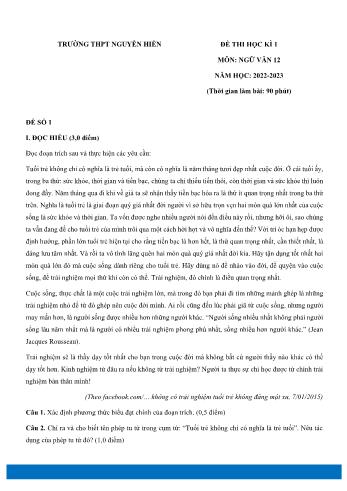 5 Đề thi học kì 1 Ngữ văn Lớp 12 - Năm học 2022-2023 - Trường THPT Nguyễn Hiền (Có đáp án)
