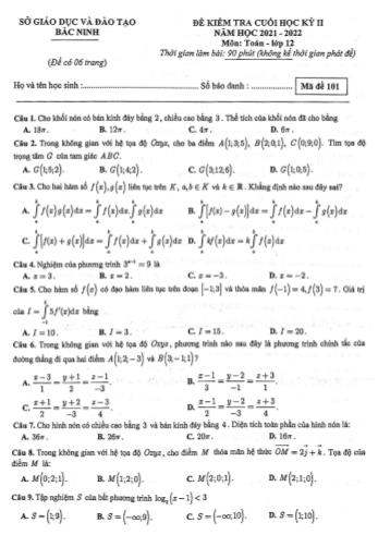 Đề kiểm tra cuối học kì 2 Toán Lớp 12 - Mã đề 101 - Năm học 2021-2022 - Sở GD&ĐT Bắc Ninh