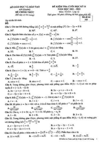 Đề kiểm tra cuối học kì 2 Toán Lớp 12 - Mã đề 103 - Năm học 2021-2022 - Sở GD&ĐT An Giang