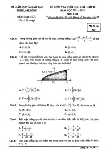 Đề kiểm tra cuối học kì 2 Toán Lớp 12 - Mã đề 323 - Năm học 2021-2022 - Sở GD&ĐT Lâm Đồng (Có đáp án)