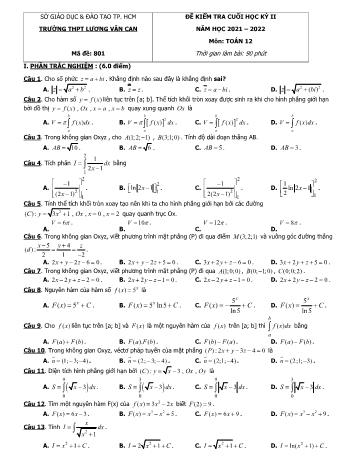 Đề kiểm tra cuối học kì 2 Toán Lớp 12 - Năm học 2021-2022 - Trường THPT Lương Văn Can (Có đáp án)