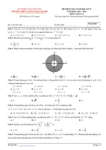 Đề kiểm tra cuối học kì 2 Toán Lớp 12 - Năm học 2021-2022 - Trường THPT Lương Ngọc Quyến (Có đáp án)