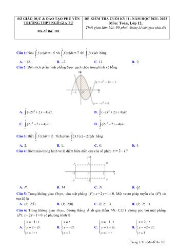 Đề kiểm tra cuối kì 2 Toán Lớp 12 - Mã đề 101 - Năm học 2021-2022 - Trường THPT Ngô Gia Tự