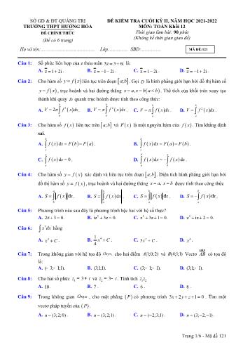 Đề kiểm tra cuối kì 2 Toán Lớp 12 - Mã đề 121 - Năm học 2021-2022 - Trường THPT Hướng Hóa