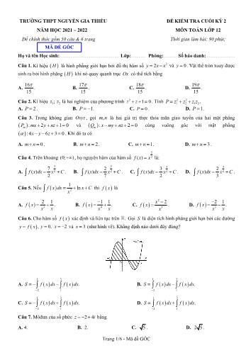Đề kiểm tra cuối kì 2 Toán Lớp 12 - Năm học 2021-2022 - Trường THPT Nguyễn Gia Thiều
